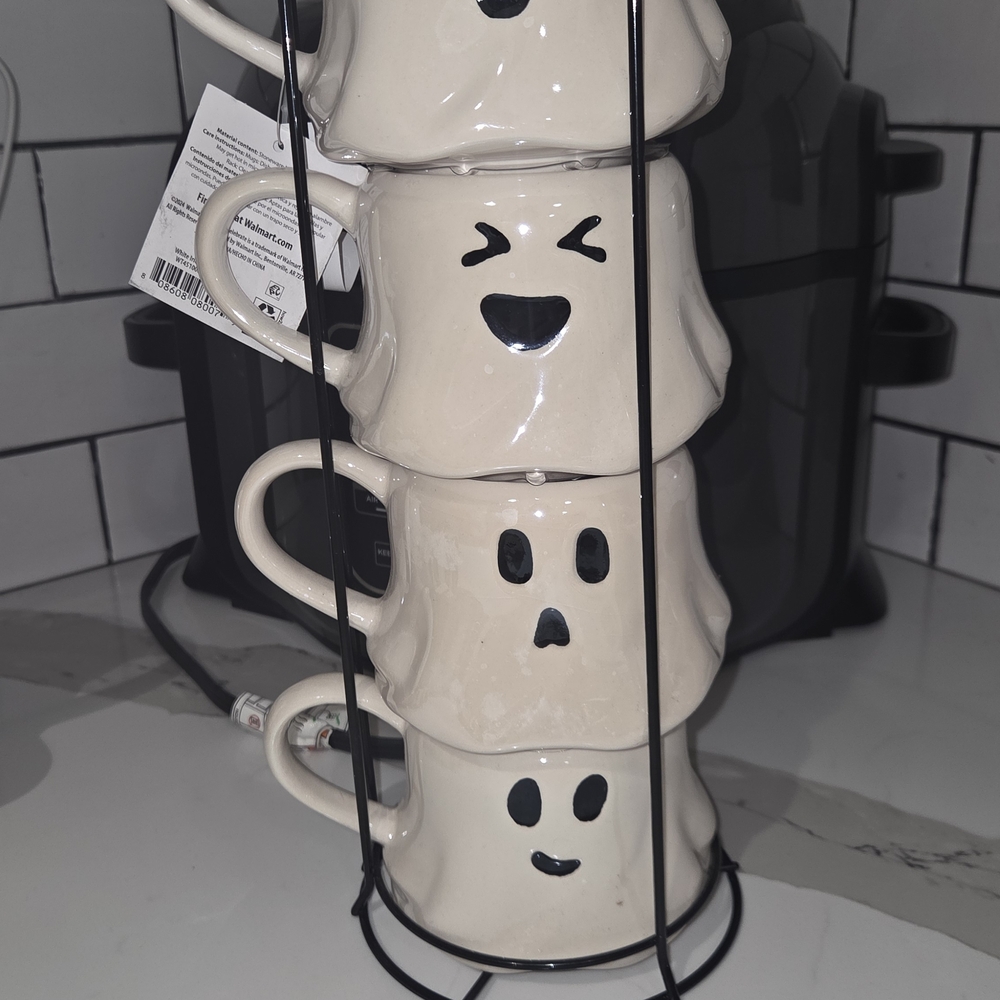 Halloween 13-Ounce White Ghost Stoneware Stackable Mug Set with Iron Rack